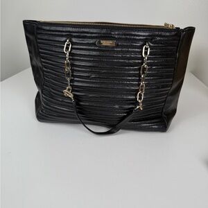 Kate Spade New York Black Textured Tote with Gold Chain